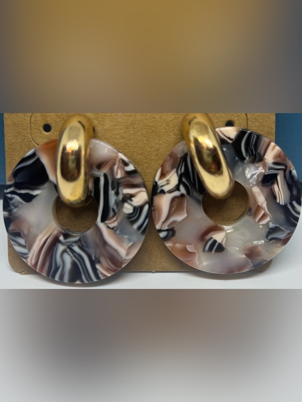 Gold Hoop & Marble Disk Drop Earrings - Brown/Black/White